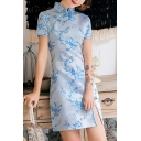 Chic Womens Dress Floral Pattern Frog Button Split Detail Mandarin Collar Short Sleeve Mini Cheongsam Dress