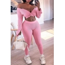 Chic Womens Co-ords Solid Color Rib Knit Two-Way Zipper Cropped Long Sleeve V Neck Tee Slim Fit Mid Rise Ankle Length Pants Set