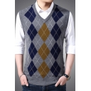 Vintage Mens Sweater Vest Argyle Jacquard Sleeveless Slim Fit V Neck Sweater Vest
