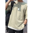 Trendy Mens T-Shirt Contrast Hem False Two Pieces Relaxed Fit Half Sleeve Crew Neck Tee Top