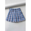 Cute Girls' High Waisted Plaid Printed Double-Layer Pleated Short Flared A-Line Skirt in Blue