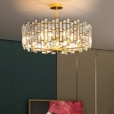 Gold Drum Shaped Chandelier Minimalism Crystal Rectangle Hanging Ceiling Light for Bedroom