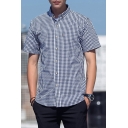 Understated Men's Shirt Plaid Pattern Button Closure Chest Pocket Turn-down Collar Short Sleeve Regular Fitted Shirt