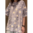 Leisure Women's Tee Top Daisy Floral Pattern Crew Neck Short Sleeve Relaxed Fit T-Shirt