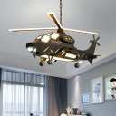 Kids Military Helicopter Pendant Light Kit Metallic Bedroom LED Chandelier in Black