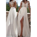 Girls Amazing Dress Floral Embroidery Sheer Mesh Short Sleeve Crew Neck High Slit Maxi Flowy Dress in White