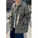 Mens Popular Jacket Allover Comic Print Long Sleeve Stand Collar Zip Up Loose Fit Jacket