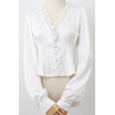Stylish Womens Shirt White Long Sleeve V-neck Lace Trim Button Up Regular Pleated Shirt