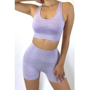 Womens Yoga Co-ords Trendy Space Dye Seamless Cropped Sleeveless Scoop Neck Yoga Bra High Waist Slim Fitted Fitness Shorts Set