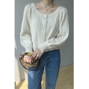 Trendy Womens Cardigan Cable Knit Plain Blouson Sleeve Round Neck Button Up Relaxed Fit Cardigan