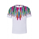 Summer Fashion Colorful Feather Pattern Round Neck Short Sleeve White T-Shirt