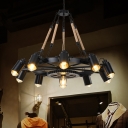 Industrial-Style Gear Chandelier Metallic Spotlight in Black with Hanging Rope and Cylinder Shade