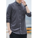 Fancy Men's Shirt Solid Color Corduroy Button Closure Turn-down Collar Long Sleeve Regular Fitted Shirt