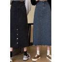 Leisure Women's Denim Skirt Faded Wash Frayed Hem High Rise Button Detail Long Denim Skirt