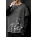 Chic Men's Pullover Sweatshirt Cartoon Printed Crew Neck Long-sleeved Relaxed Fit Pullover Sweatshirt