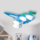Blue Jet Plane Ceiling Flush Light Kids 4-Light Wooden Flush Mount Fixture with Oval Milk Glass Shade