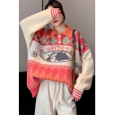 Classic Argyle Letter Pattern Long Sleeve Button Front Oversized Knitted Polo Sweater