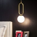 Modern Ball Shade Hanging Lighting Opal Matte Glass 1 Bulb Bedside Drop Pendant with Oval Frame in Gold