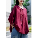 Retro Womens T Shirt Solid Linen and Cotton Long Sleeve Crew Neck Curved Hem Loose Fit Tee Top