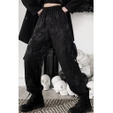 Dark Punk Black Elastic Waist Dragon Print Buckled Patch Side Pockets Cuffed Long Relaxed Cargo Pants for Women
