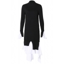 Womens Chic Dress Knitted Patchwork Long Sleeve Mock Neck Mid Sheath Sweater Dress