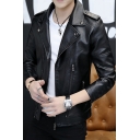 Cool Mens Jacket Leather Long Sleeve Notched Collar Zip Up Regular Fit Plain Jacket