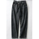 Fancy Women's Jeans Faded Wash Zip Fly High Waist Slant Pocket Long Tapered Pants