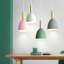 Childrens Bell Shaped Spotlight Metal Single-Bulb Dining Room Pendant Light with Wood Grip