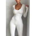 Womens Jumpsuit Stylish Solid Color Mention Butt Long Sleeve Scoop Neck Skinny Fitted Bottoming Jumpsuit
