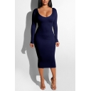 Womens Dress Creative Solid Color Cut out Back Scoop Neck Midi Long Sleeve Slim Bodycon Dress