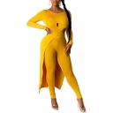 Cool Womens Co-ords Plain Color High Waist Slim Fitted Pencil Pants Cut out Long Sleeve Round Neck Midi T-Shirt Set