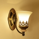 Frosted White Glass Wall Lighting Vintage Black Flared Bedroom Sconce Light with Filigree Deco