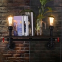 Black 2-Light Sconce Lighting Industrial Iron Piping Wall Lamp with Shelf and Red Valve