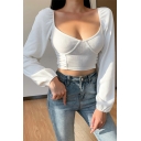Edgy Girls' Sheer Blouson Sleeve V-Neck Polka Dot Ruched Back See-Through White Mesh Stringy Selvedge Fit Crop Blouse
