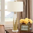 Drum Bedside Night Lamp Fabric 1-Light Postmodern Table Light in Brass and White