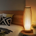 Chinese Style 1-Light Nightstand Lamp Wood Barrel Table Light Kit with Bamboo Shade