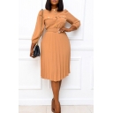 Elegant Ladies Dress Plain Long Sleeve Crew Neck Button Up Flap Pockets Belted Mid Pleated A-line Dress