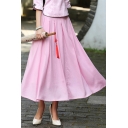 Basic Womens Swing Skirt Plain Cotton Linen Pleated A-Line Lining High Rise Relaxed Midi Skirt