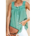 Womens Casual Plain Square Neck Sleeveless Button Down Swing Tank Top