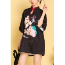 Cool Cheongsam Dress Fox Mask Crane Printed A-Line Frog Button Detailed Mandarin Collar Half Sleeve Boxy Midi Dress for Women