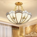 Stained Glass Bowl Chandelier Light Minimalism Living Room Semi Flush Light Fixture in Gold