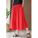 Chinese Style Womens Pants Solid Color Elastic Waist Cropped Oversize Pants