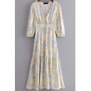 Popular Womens Dress Allover Floral Print Half Sleeve Deep V-neck Button Up Ruffled Long A-line Dress in Yellow
