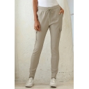 Unique Women's Pants Solid Color Flap Pocket Slant Pocket Drawstring Elastic Waist Long Pants