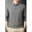 Mens Polo Shirt Casual Solid Color Button Detail Turn-down Collar Slim Fit Long Sleeve Bottoming T-Shirt