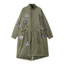 New Fashion Letter Print Badge Embellished Stand-Up Collar Zip Placket Long Sleeve Coat