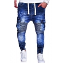 Men's Hot Fashion Pleated Patched Flap Pocket Side Drawstring Waist Elastic Cuff Cargo Pants Washed Slim Jeans