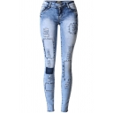 Trendy Womens Jeans Faded Wash Distressed Patch Stretchable Slim Fit Ankle Length Pencil Jeans