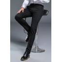 Fancy Men's Pants Solid Color Zip Fly Brushed High Waist Long Straight Pants