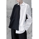 Mens Fashionable Shirt Color Block Button down Asymmetric Hem Spread Collar Long Sleeve Relaxed Shirt